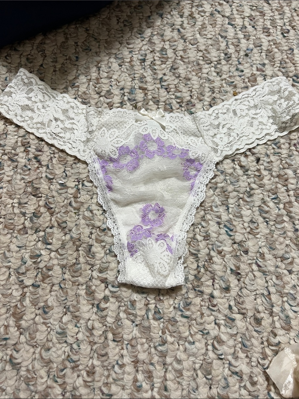 Hanky Panky White Lace Thong with Lavender Embroidery